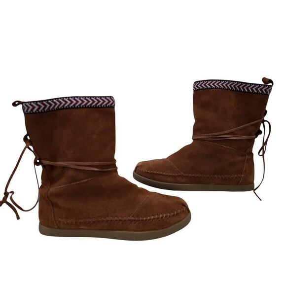 TOMS NEPAL SUEDE LEATHER BOOTS SHOES MOCCASIN BRAID TRIM Women's Size 9 - Picture 1 of 6